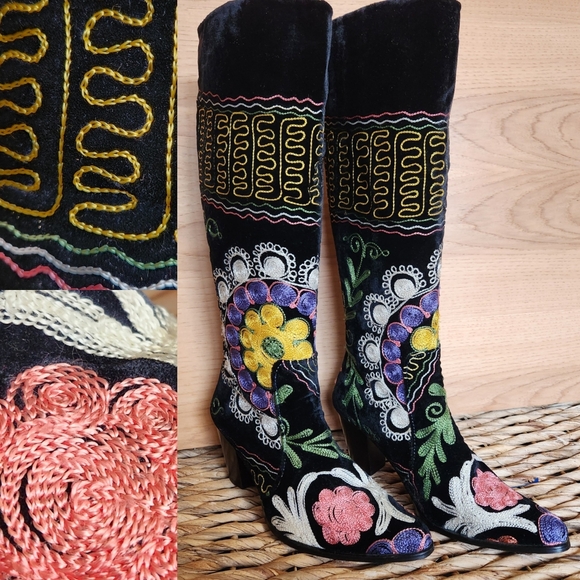 WOMEN'S SUZANI BLACK VELVET HAND EMBROIDERED STATEMENT KNEE BOOTS SIZE 8.5 / 39 - Picture 3 of 16